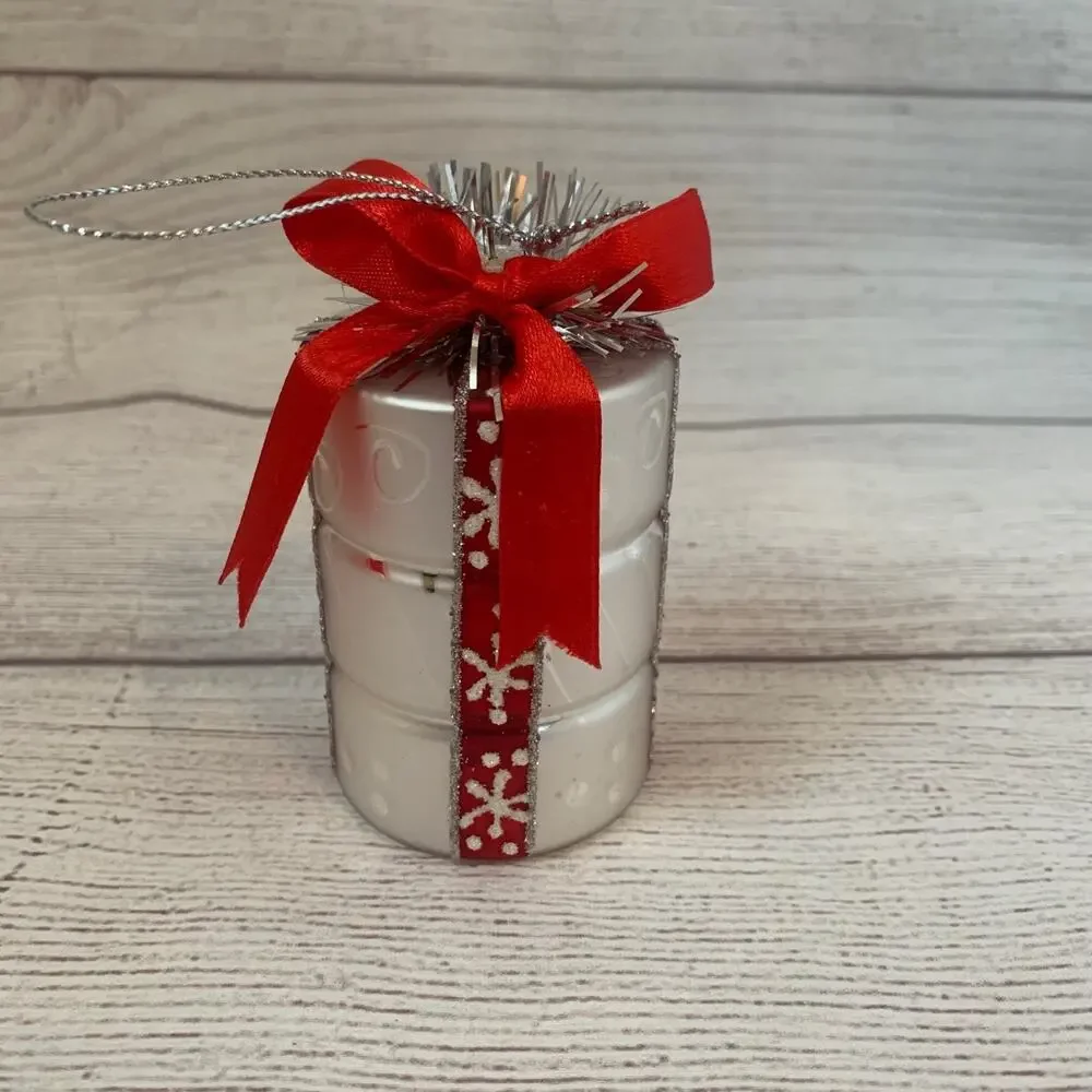 Glass Present Christmas Ornament Silver Stacked Gift Box Red Ribbon Tinsel 4
